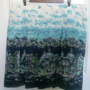 Talbots Venice/Italy Artist Seascape Midi Blue/White Pleated Skirt Size 16W